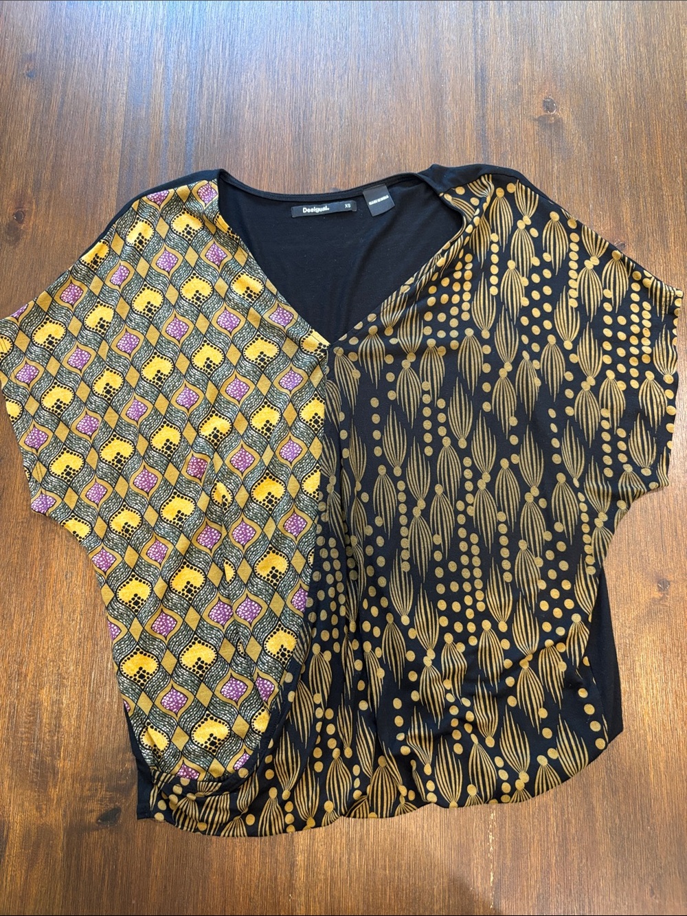 Desigual Black, Mustard & Pink Mixed-Print Dolman Blouse